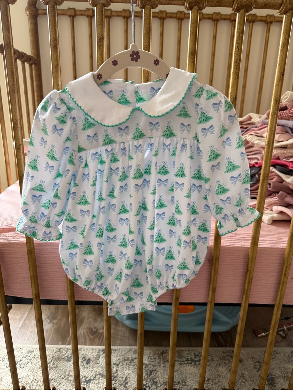 Classic White Baby One-Piece with Green Tree & Blue Bow Print